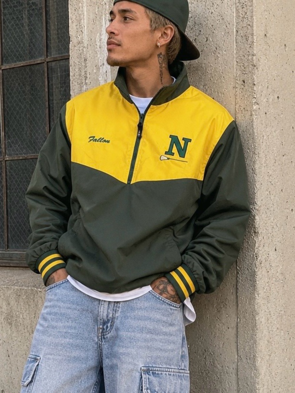 North Lacrosse Boathouse Jacket Medium Yellow‎ 1/4 Zip Green Custom Windbreaker